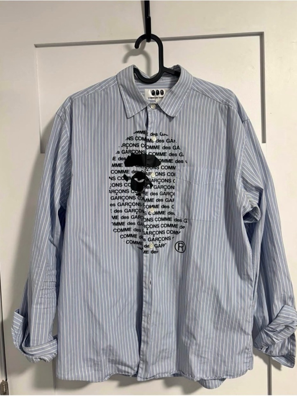 Rare Bape Comme des Garcons Light Blue & White Striped Graphic Button-Down Shirt